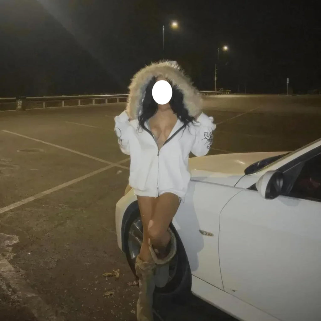 Grunge Fur Hood Zip up Hoodie Women Men Y2K Goth Hoodies Emo Jacket Fall Winter Streetwear Sweatshirts 2000S