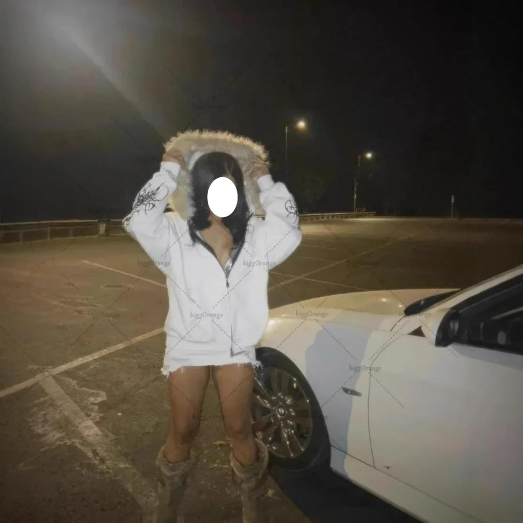 Grunge Fur Hood Zip up Hoodie Women Men Y2K Goth Hoodies Emo Jacket Fall Winter Streetwear Sweatshirts 2000S