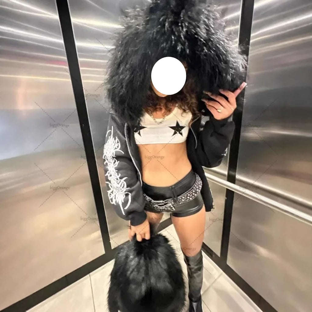 Grunge Fur Hood Zip up Hoodie Women Men Y2K Goth Hoodies Emo Jacket Fall Winter Streetwear Sweatshirts 2000S