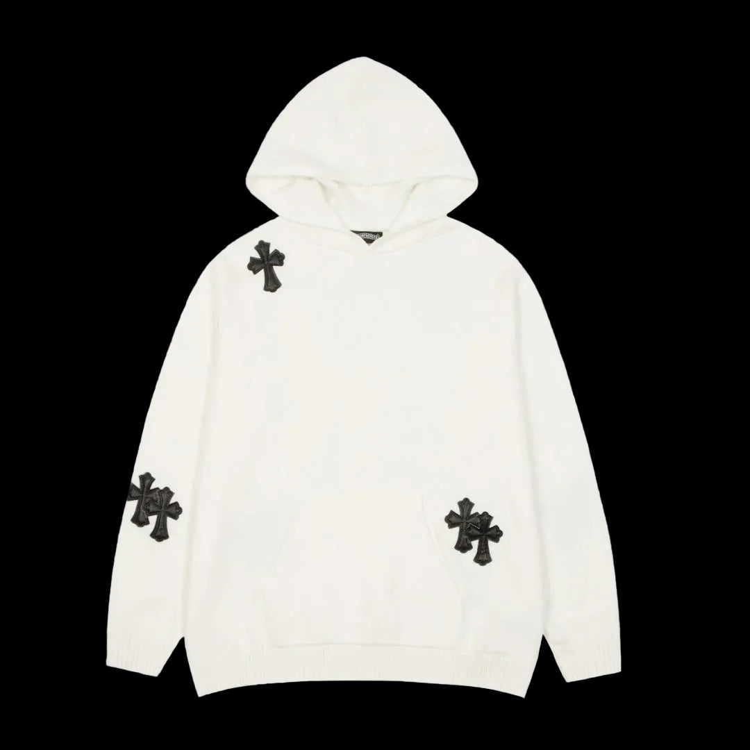 CHROME HEARTS BLACK CROSS PATCH HOODIE WHITE
