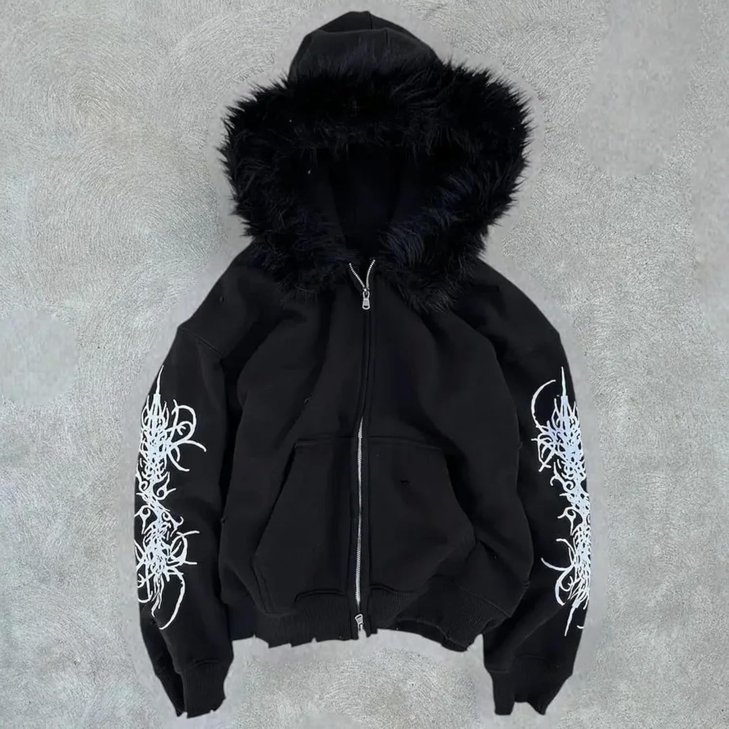 Grunge Fur Hood Zip up Hoodie Women Men Y2K Goth Hoodies Emo Jacket Fall Winter Streetwear Sweatshirts 2000S