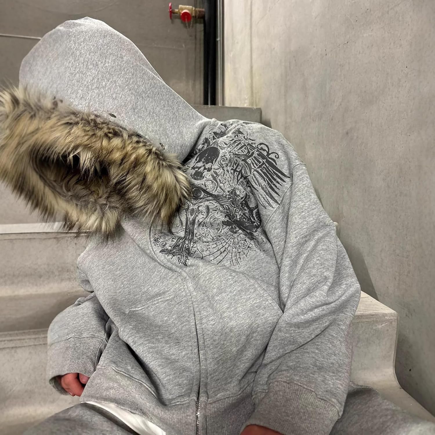 Therian Fur Hood Jacket Y2K Goth Zip up Hoodie Oversized Graphic Sweatshirt Emo Grunge Streetwear Fall Winter 2025