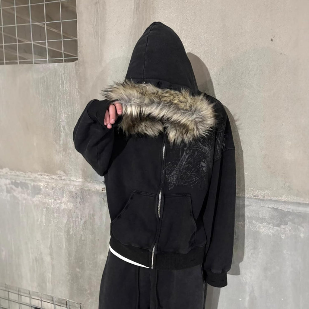 Therian Fur Hood Jacket Y2K Goth Zip up Hoodie Oversized Graphic Sweatshirt Emo Grunge Streetwear Fall Winter 2025