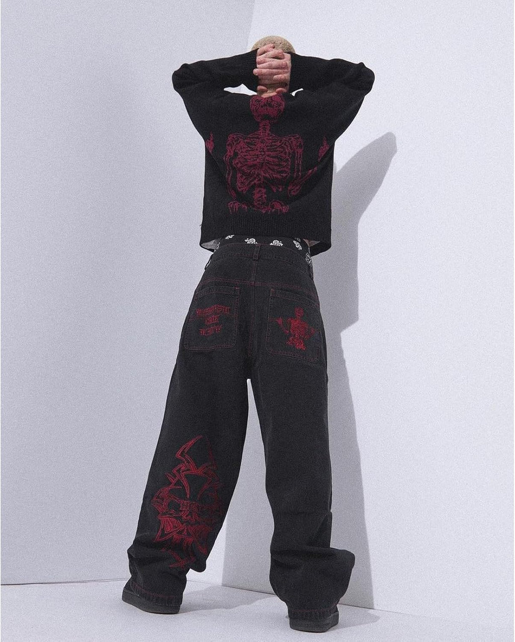 Y2K Jeans Men'S Hip Hop Vintage Skull Embroidery Wash Denim Pants Gothic Straight Tube Loose Wide Leg Pants