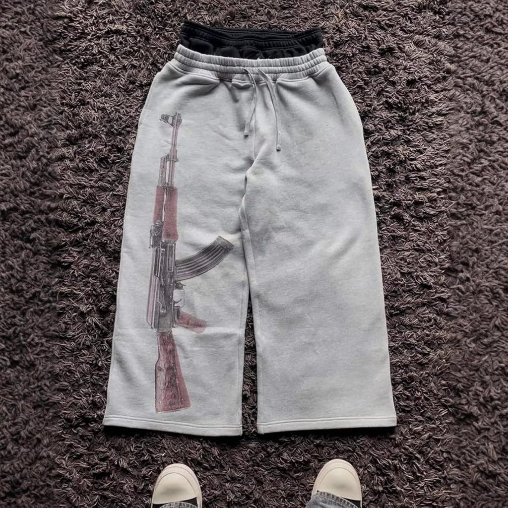 Double Waisted Sweatpants Graphic AK47 Y2K Baggy Sweatpants Men with Elastic Waisted Casual Wide Leg Pants Streetwear