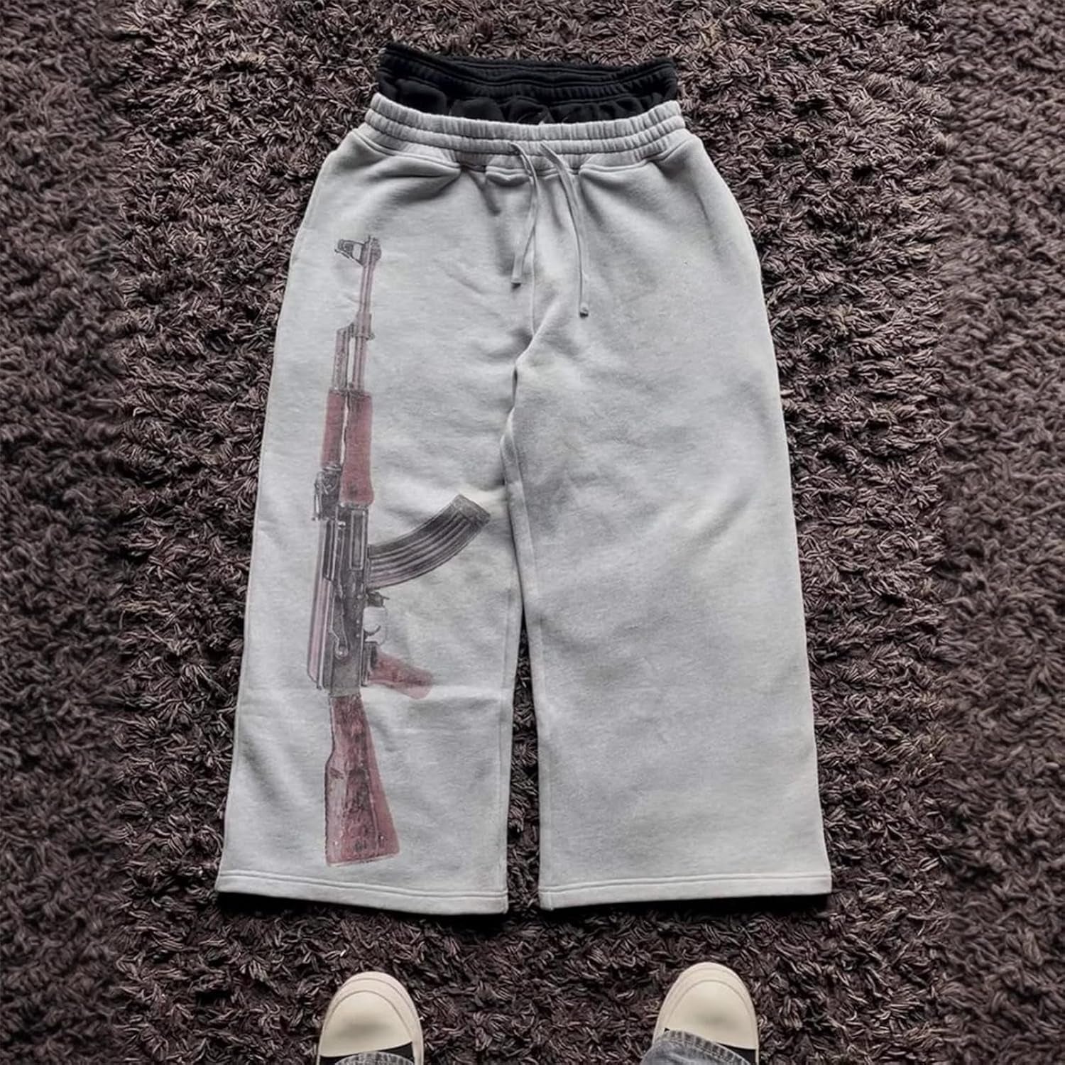 Double Waisted Sweatpants Graphic AK47 Y2K Baggy Sweatpants Men with Elastic Waisted Casual Wide Leg Pants Streetwear