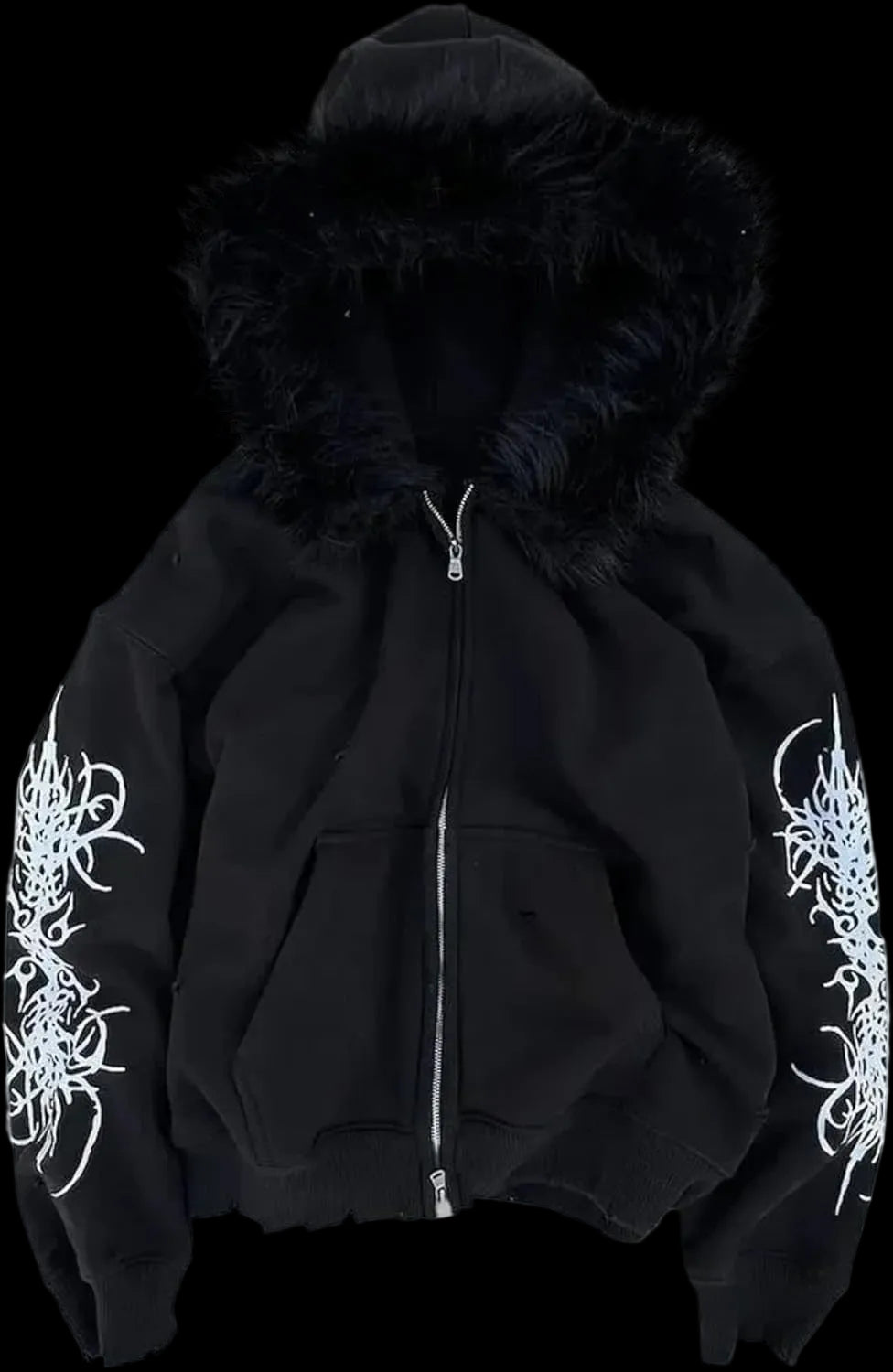 Grunge Fur Hood Zip up Hoodie Women Men Y2K Goth Hoodies Emo Jacket Fall Winter Streetwear Sweatshirts 2000S