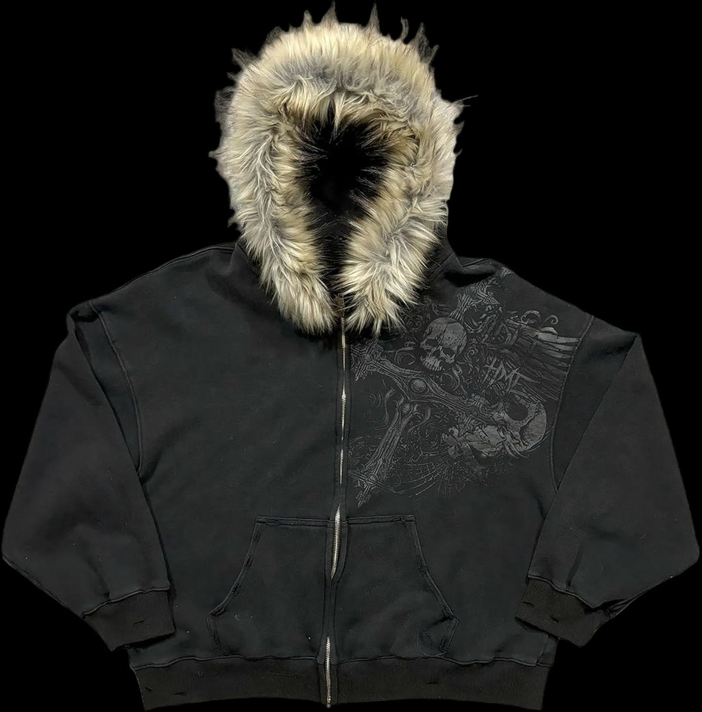 Therian Fur Hood Jacket Y2K Goth Zip up Hoodie Oversized Graphic Sweatshirt Emo Grunge Streetwear Fall Winter 2025