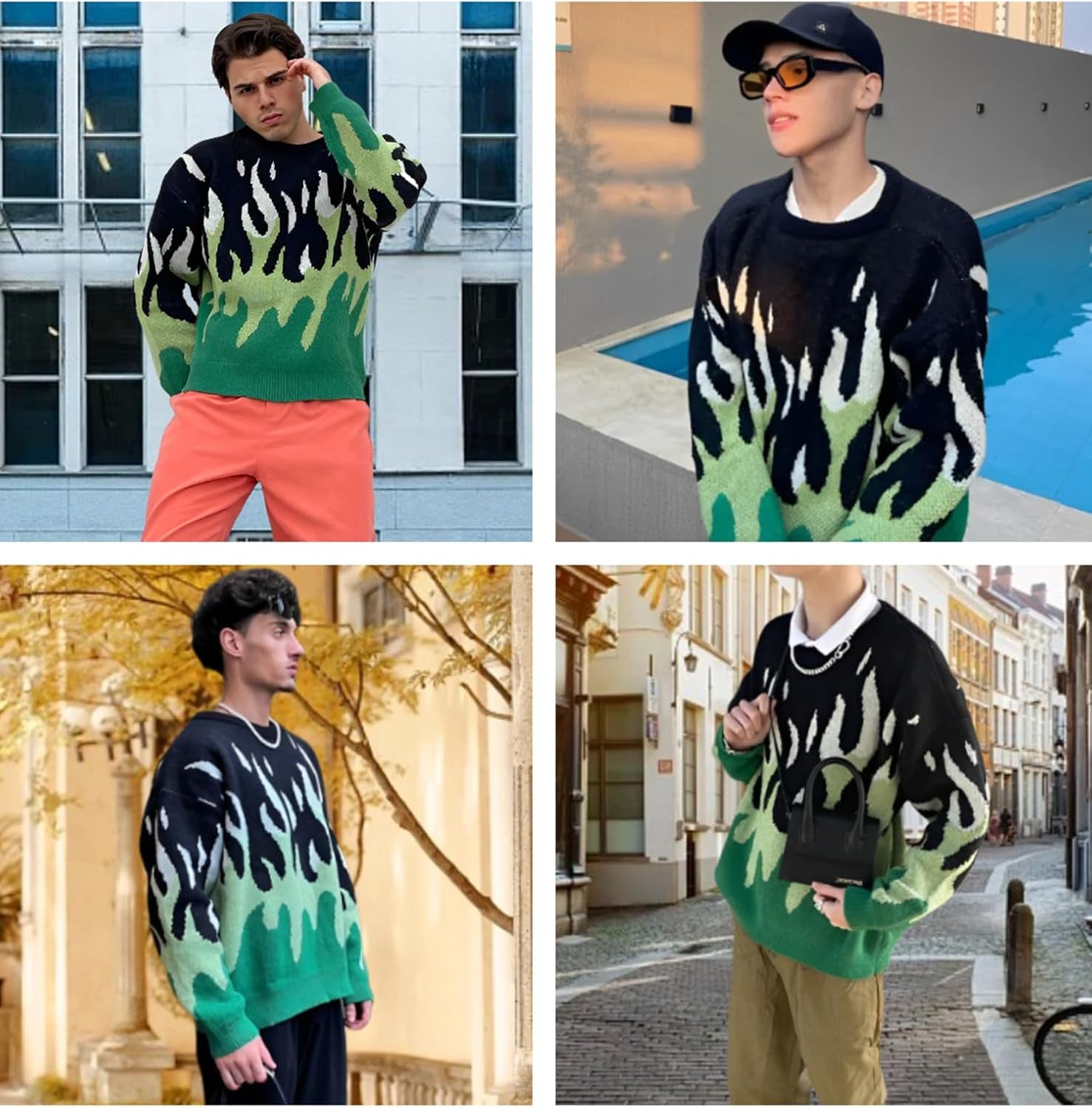 Men'S Oversized Sweater Y2K Aesthetic Flame Graphic Crewneck Knit Pullover Unisex Casual Sweaters