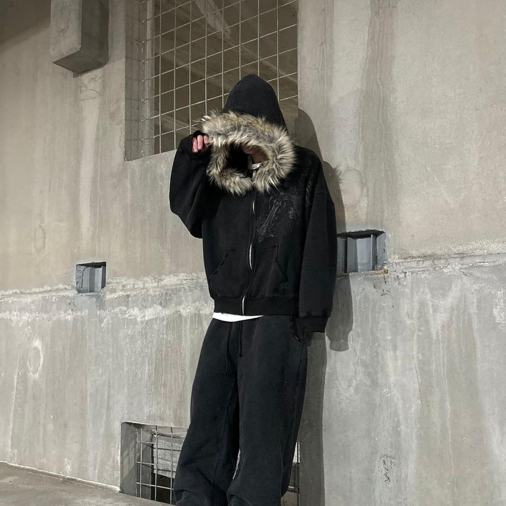 Therian Fur Hood Jacket Y2K Goth Zip up Hoodie Oversized Graphic Sweatshirt Emo Grunge Streetwear Fall Winter 2025