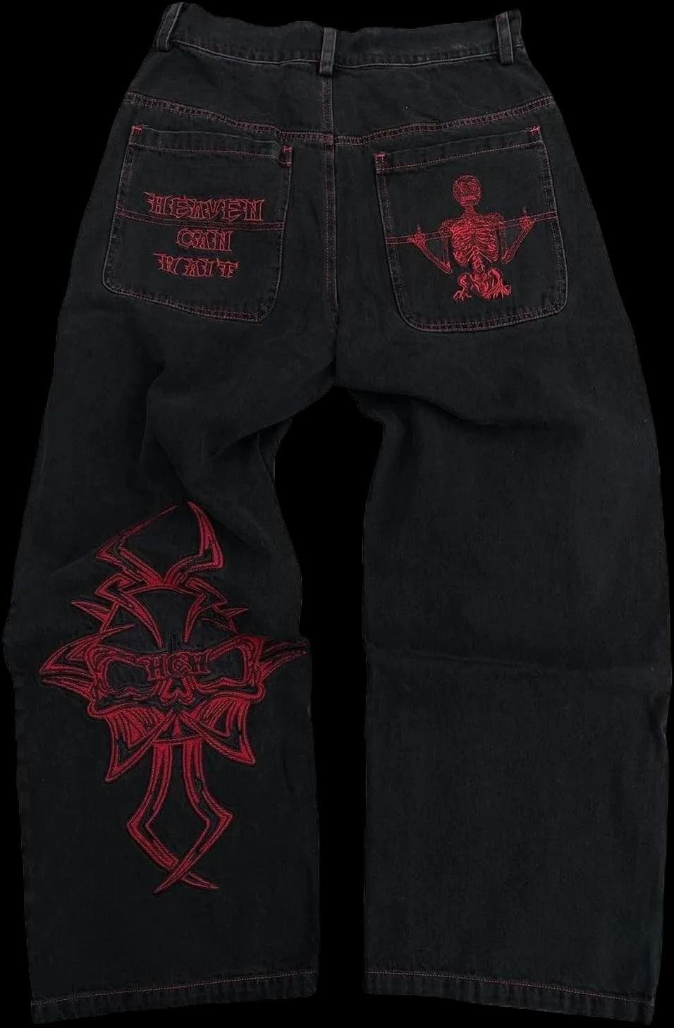 Y2K Jeans Men'S Hip Hop Vintage Skull Embroidery Wash Denim Pants Gothic Straight Tube Loose Wide Leg Pants