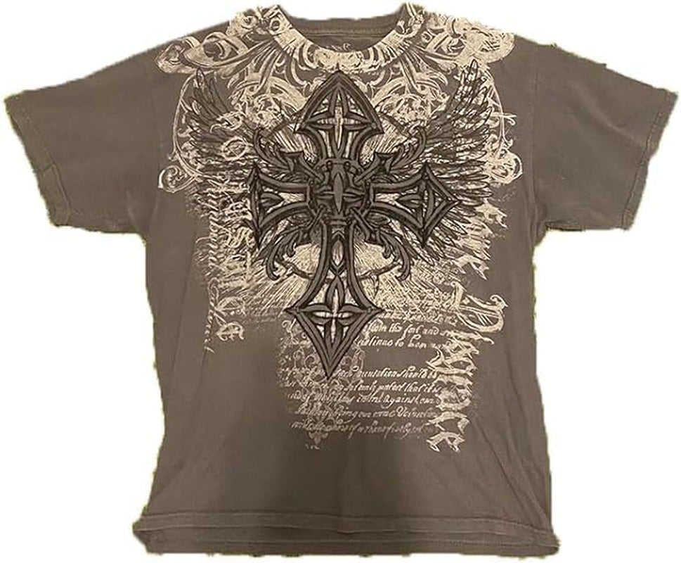 Men'S Y2K Vintage T-Shirt Gothic Cross Graphic Print T-Shirt round Neck Short Sleeve Tops