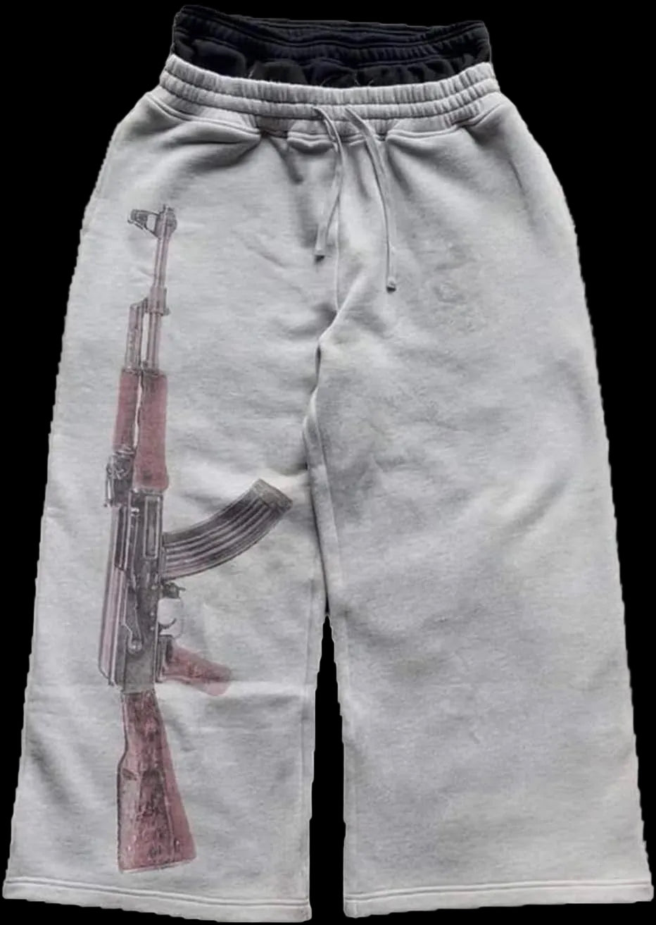 Double Waisted Sweatpants Graphic AK47 Y2K Baggy Sweatpants Men with Elastic Waisted Casual Wide Leg Pants Streetwear