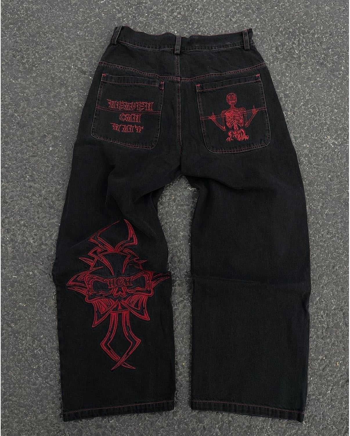 Y2K Jeans Men'S Hip Hop Vintage Skull Embroidery Wash Denim Pants Gothic Straight Tube Loose Wide Leg Pants