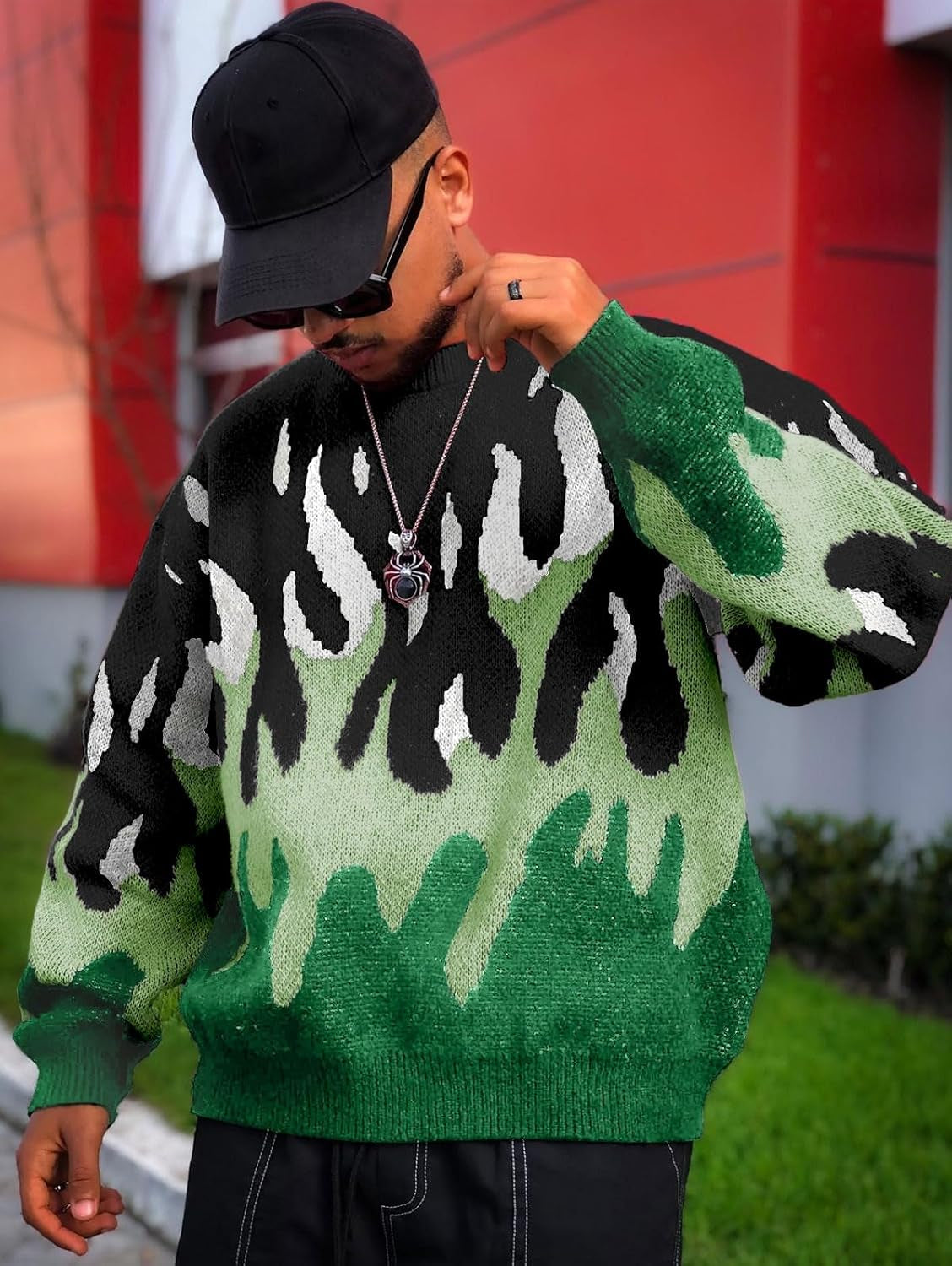 Men'S Oversized Sweater Y2K Aesthetic Flame Graphic Crewneck Knit Pullover Unisex Casual Sweaters