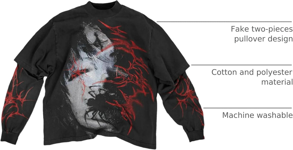 Goth Shirt Gothic Shirt Fake Two-Piece Alternative Clothing Goth Long Sleeve Top Grunge Clothes