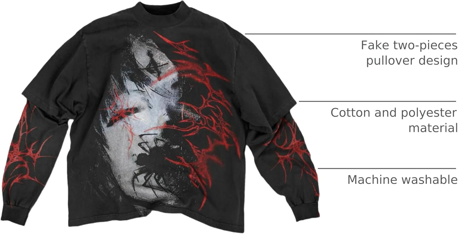 Goth Shirt Gothic Shirt Fake Two-Piece Alternative Clothing Goth Long Sleeve Top Grunge Clothes