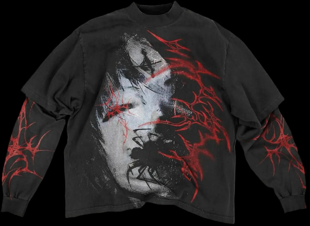 Goth Shirt Gothic Shirt Fake Two-Piece Alternative Clothing Goth Long Sleeve Top Grunge Clothes